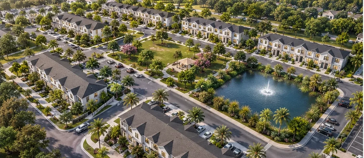 Aerial view of the planned community showing townhome buildings, the common green and the retention pond