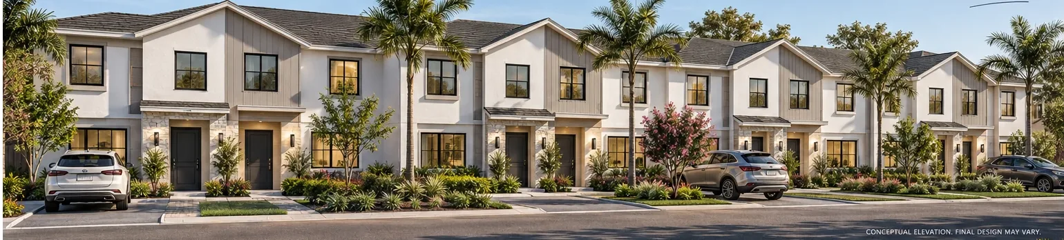 Front elevation of a row of attached townhomes