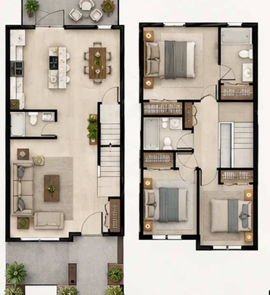 First and second floor plans of the three-bedroom townhome