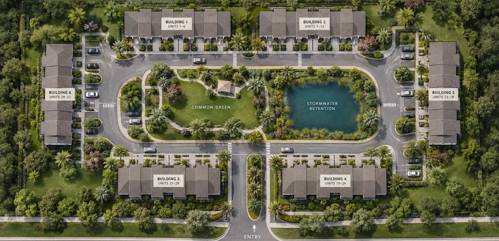 Phase 1 site plan showing six townhome buildings around a loop drive with a common green and stormwater retention pond