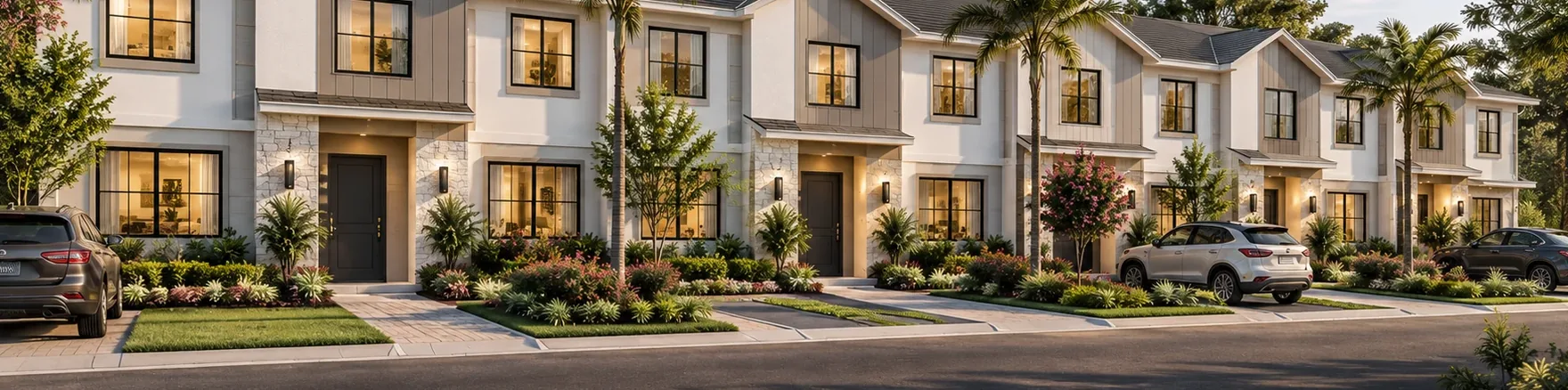 Two-story attached townhomes on a residential street in Central Florida